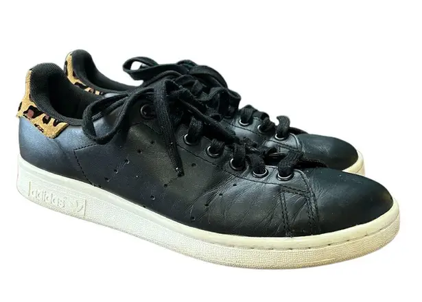 Adidas  Stan Smith Black Leather & Leopard Print Sneakers Size 8.5 - Image 3
