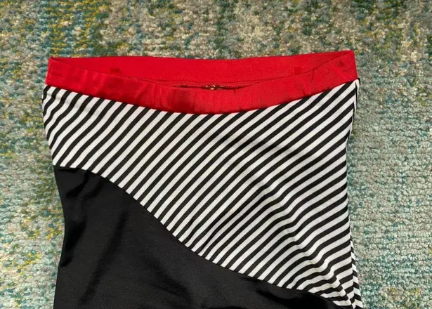 Mystic Vintage Bay strapless white black striped red bow one piece, size medium