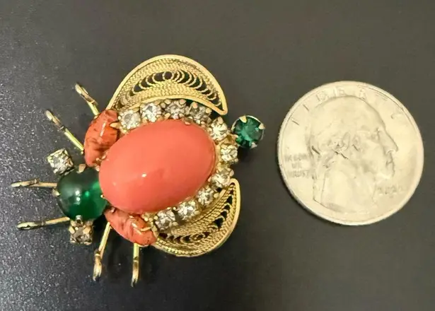 Rare Juliana Delizza & Elster Faux Coral Cabochon Rhinestones Beetle Bug Brooch Orange