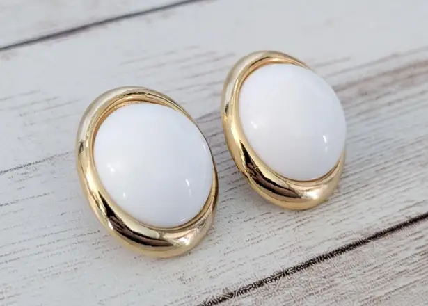 Vintage Clip On Earrings Large White with Gold Tone