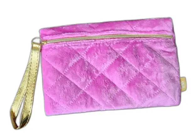 Ipsy Pink Quilted Velvet Pouch Zippered Cosmetic Bag Toiletries Makeup Bag