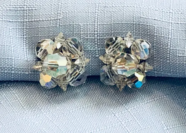 Amazing Vintage Aurora Borealis Crystal Beaded Clip On Earrings