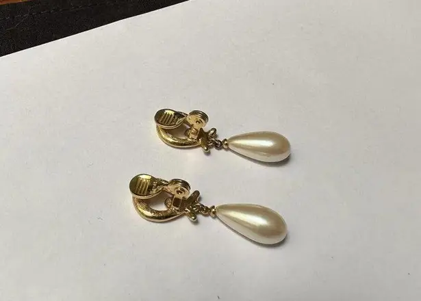 Monet Faux Pearl Dangle Drop Gold Tone Clip On Earrings Signed