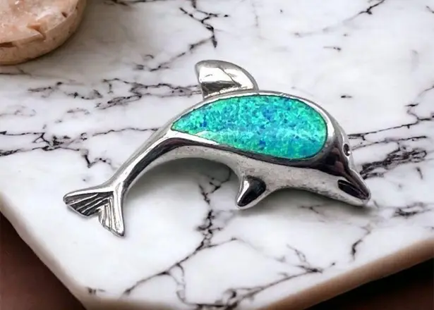 Women's Dolphin 3D Blue Opal Sterling Silver Bracelet Charm Necklace Pendant