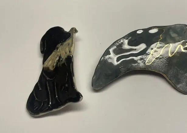 Lot Of 2 Hand Made Ceramic Brooch Pins Hand Painted