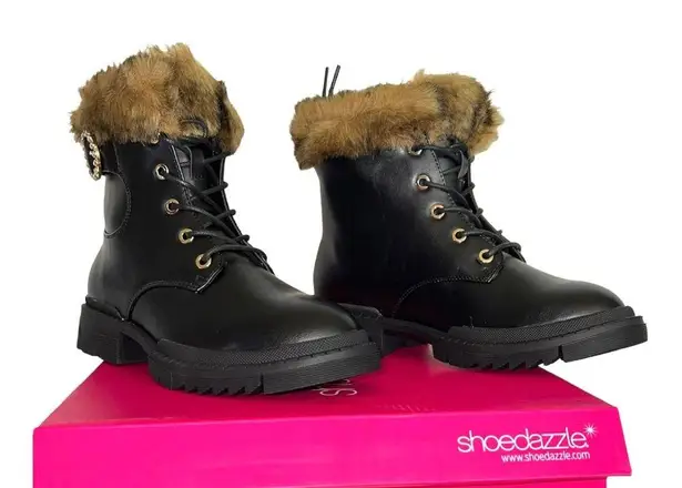 Shoedazzle  Kleio Combat Boots Faux Fur Trim Chunky Lug Sole Black