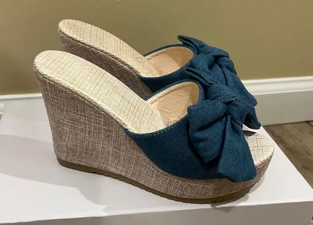 Denim Bow Wedges Sandals Jeans sandals Slip on Summer Shoes Open Toe Slippers Multiple Size 6