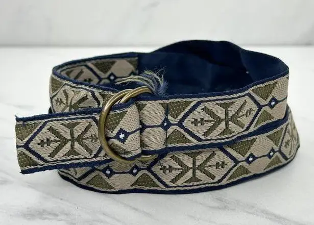 Womens Geometric Embroidered Woven Ribbon D Ring Belt Navy Beige Large (L) ✨ Green
