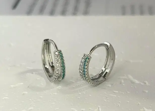 925 Silver Plated Double Rows CZ Cubic Zirconia Hoop Earrings for Men Women,Hip Hop Unisex Earrings