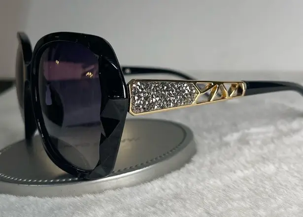 Black & Gold Oversized Square Sunglasses Polarized Tinted w Crystal Frames Nwt