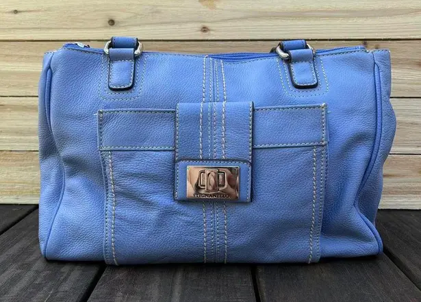 Y2K Blue Tignanello Leather Shoulder Bag Purse w/ Silver Hardware and Turn Lock