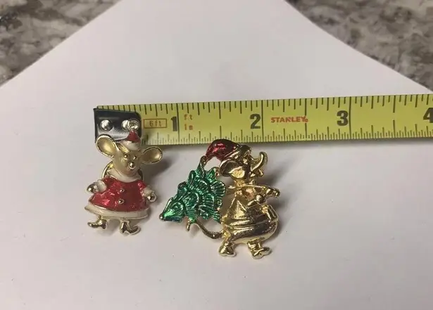 Lot Of 2 Costume Brooches Christmas Santa Claus Mouse / Rat With Tree