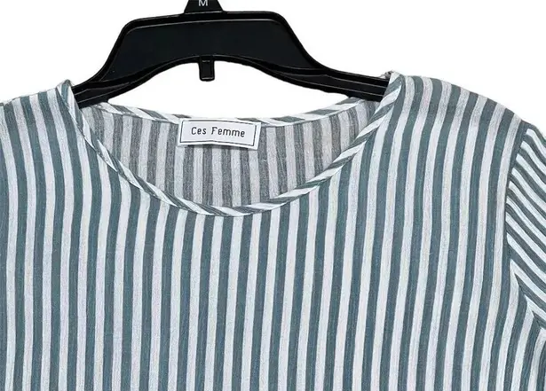 Ces Femme Women's M Blue Striped Seersucker Shirt, Ruffle 3/4 Sleeve Casual Size M