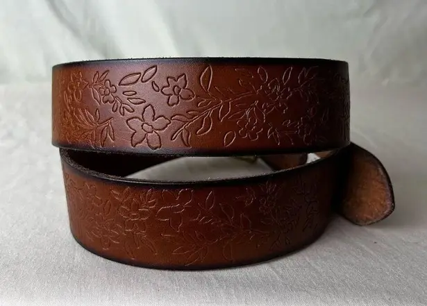 American Eagle  Floral Tooled Leather Belt Brown Black Brass Tone Buckle Small