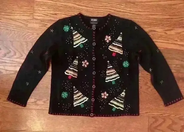 Vintage Christmas Beaded Sequin Sweater Cardigan Size Medium Ugly Christmas Black