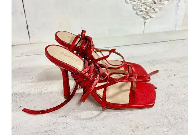 Schutz Lily Metallic Crocodile-Embossed Leather Sandal Red Women's Size 7.5 B