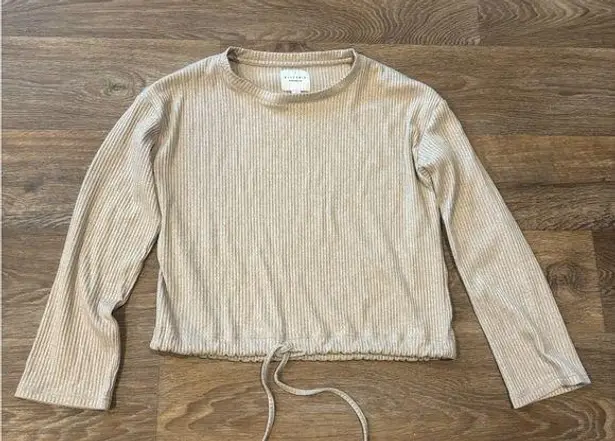 ALLFENIX Oatmeal Ribbed Drawstring Front Cropped Sweater Size Small EUC Tan