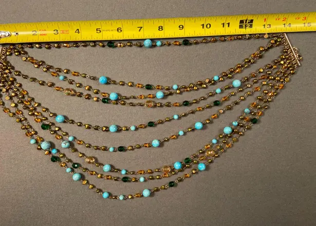 Multi Strand Beaded Necklace Gold Tone Metal, Turquoise, Green & Amber By Sequin Blue
