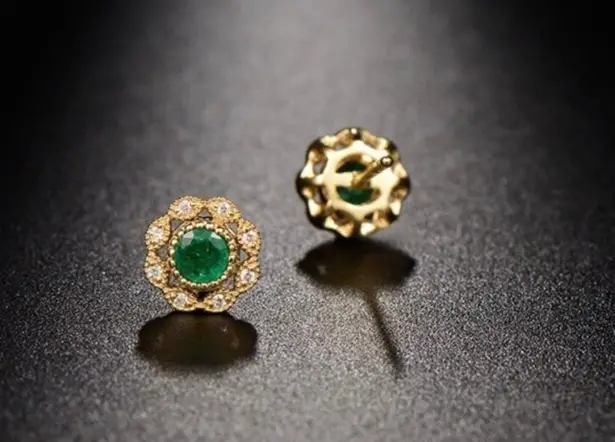 14K Gold Plated Diamond Green Gemstone Emerald Stud Earrings for Women