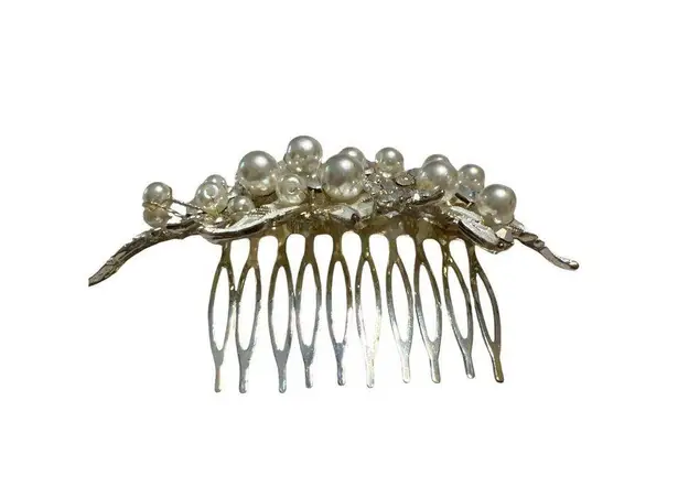 Gold Tone Bridal Hair Comb Faux Pearls Rhinestones Leaf Design Pageant Prom 4"