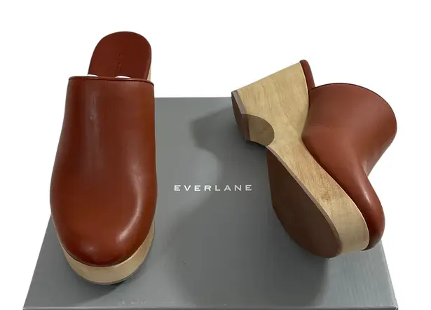 Everlane NIB  The Clog Cognac Leather Platform Clogs Wedge Heel Mules Shoes Sz 9 - Image 1