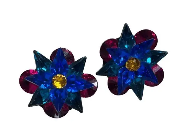 Vintage 1940s Colorful Starburst Clip On Ballroom Earrings Blue