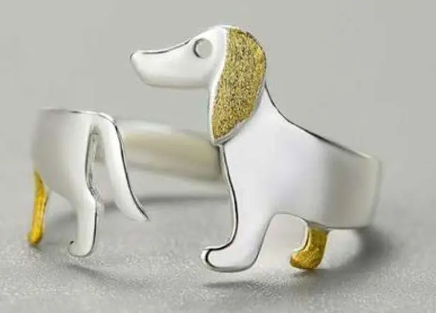 Artisan  Handmade Unique 925 Sterling Silver 14K Gold-plated Dachshund Ring