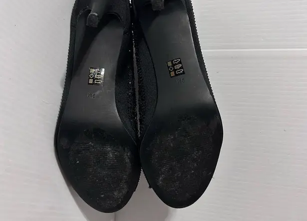 J. Rene Radita Satin Rhinestone peep top shooties heel shoe women size 9 M Black