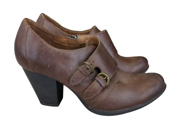 b.o.c Brown Leather Heeled Ankle Booties Buckle Monk Strap Women's 8.5 40 Born