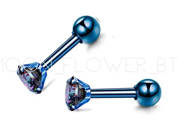 Blue Iridescent CZ Barbell Earrings – 20G Surgical Steel Studs | 3mm