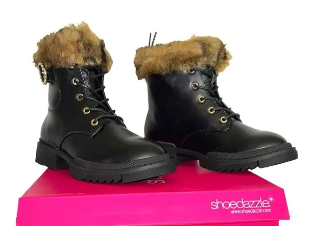 Shoedazzle  Kleio Combat Boots Faux Fur Trim Chunky Lug Sole Black