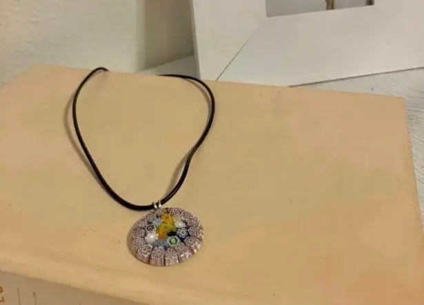 American Vintage Vintage “Dahlia” Millefiori Glass Charm Pendant Necklace Leather Strand Italian Classic