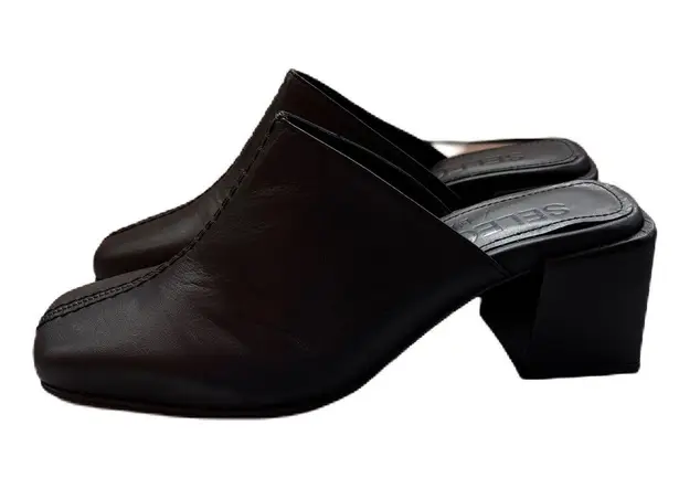 Selected Femme Black Leather Mules Block Heel Square Toe Y2K 90s Vibe Size 9 NEW