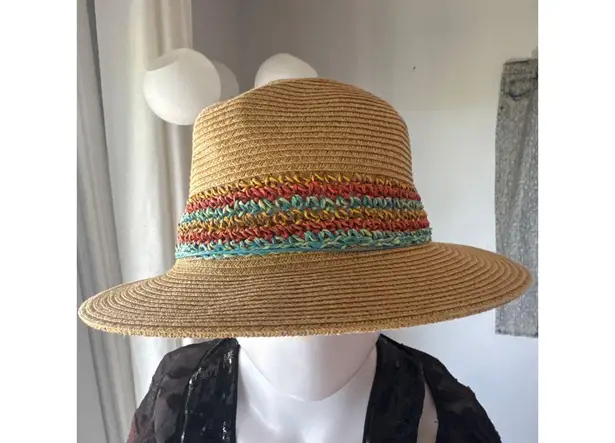 Scala Handmade Wide Brim Sun Hat Natural with Multicolor Band One Size