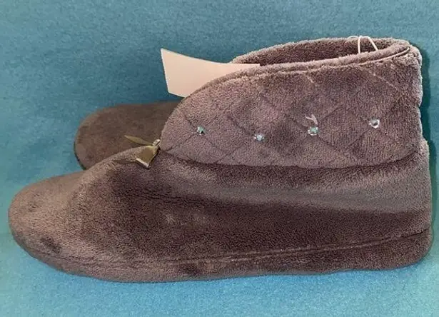 PINK K Claudia fleece slipper booties gray bows rhinestones NEW size 11