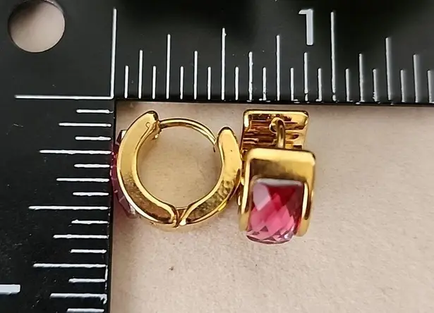 Gold with Pink Crystal Huggie Cuff Hoop Earrings