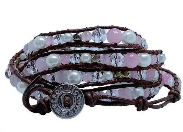 Victoria Emerson  Brown Leather Wrap Bracelet With Pink Pearls