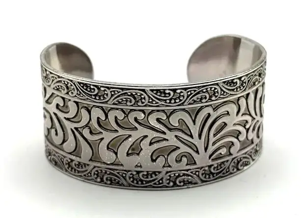 Premier Designs Women's Wide Intricate Etched Silvertone Cuff Bracelet