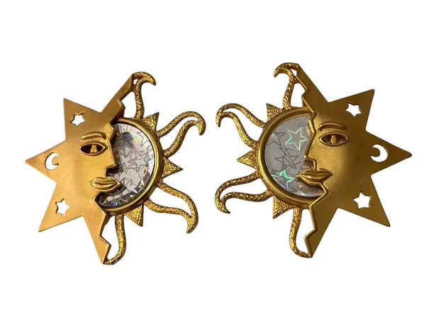 Vintage JJ Gold Sun and Moon Stars Earrings Holographic Clip On 2" x 2"
