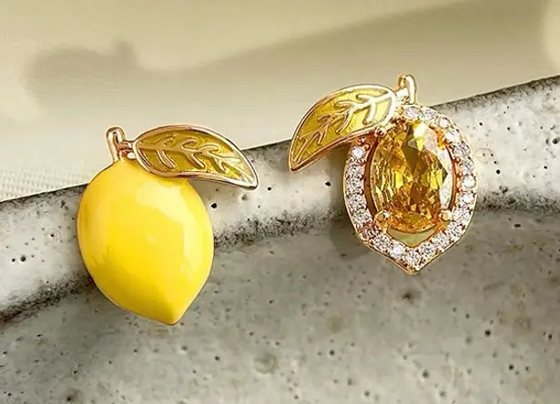 Sunlit Lemon Enamel & Gold Gem Earrings 1cm Mismatched Summer Jewelry Yellow