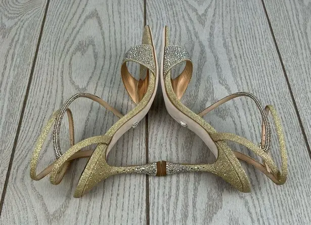 Badgley Mischka Women's Sally Strappy Crystal Heels 8 Platino Gold $235