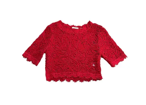 San Joy Cropped Red Lace Short Sleeved Top Size Small