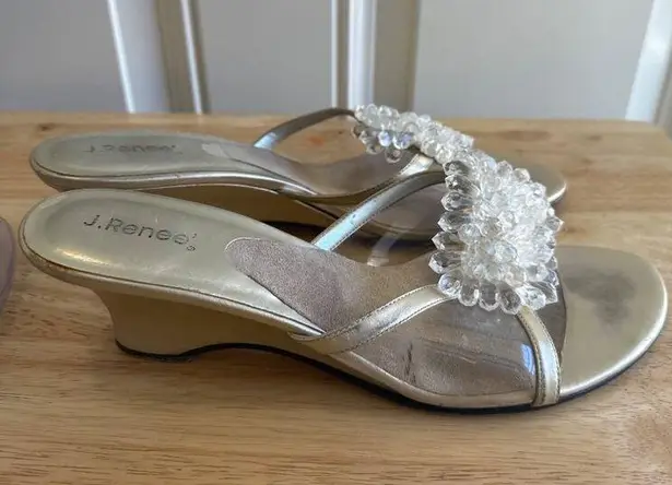J. Renee Women's Gold & Clear Beaded Slide Wedge Sandals Size 10M Sku 2982