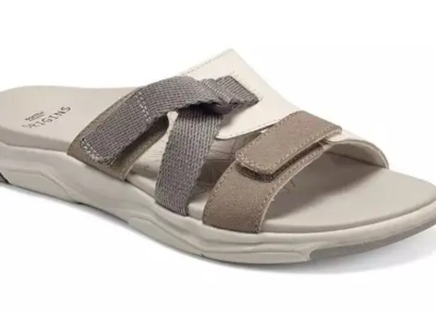 Earth Origins Vara cream tan gray suede sport slide sandals 7.5 Velcro straps