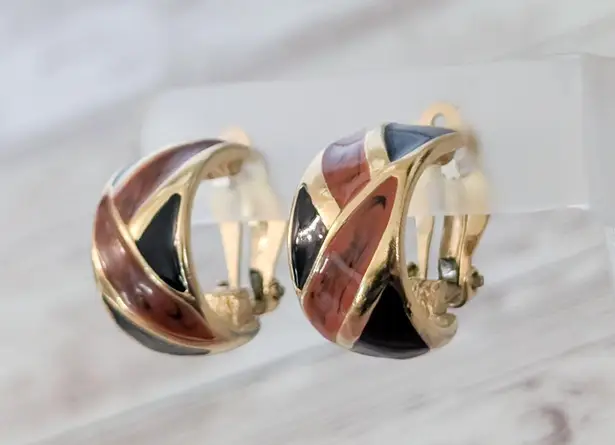 Vintage Clip On Earrings Statement Retro Large Hoops Burgundy, Black Gold Tone