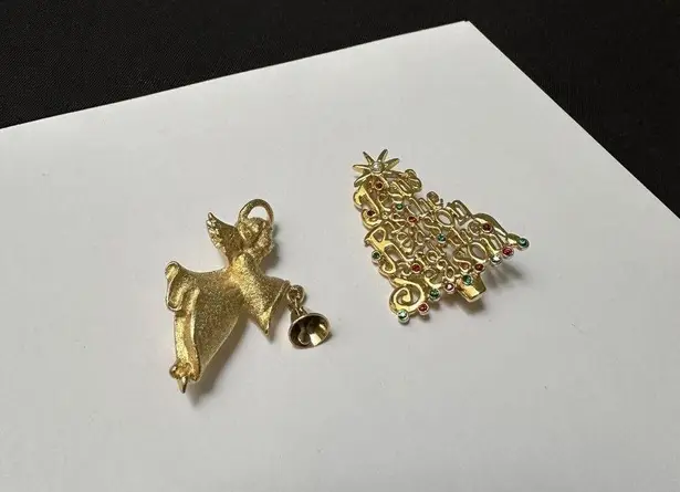 Lot Of 2 Brooch Pins Angel & Christmas Tree Jesus Is The Reason For The Season Gold