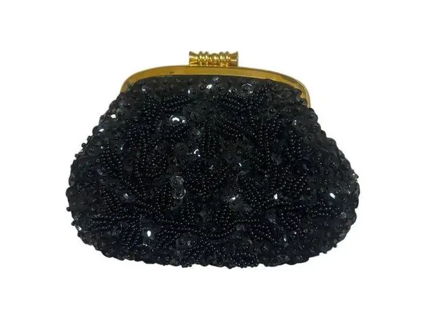 Vintage Black Beaded Evening Coin Purse Kisslock Hong Kong Sequin Clutch Wallet Gold