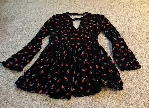 Free People Tegan mini dress black and red floral long sleeve with front and back cut out 