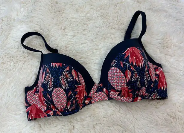 Navy Red Pineapple Floral Print Molded Cup Bikini Top, 32D Blue Size undefined