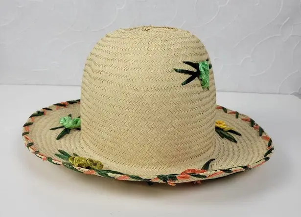 Raffia Floral Embellished Flat Brim Summer Sun Hat Cream Straw Multicolor